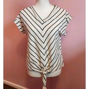 Monteau Green Striped Short Sleeve Cream Shirt Front Tie Juniors Large Blouse